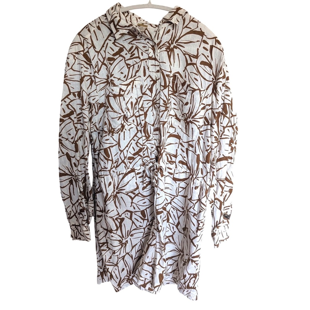$199 Magaschoni Herbarium Brown White Abstract Floral 100% Linen Romper Boho L